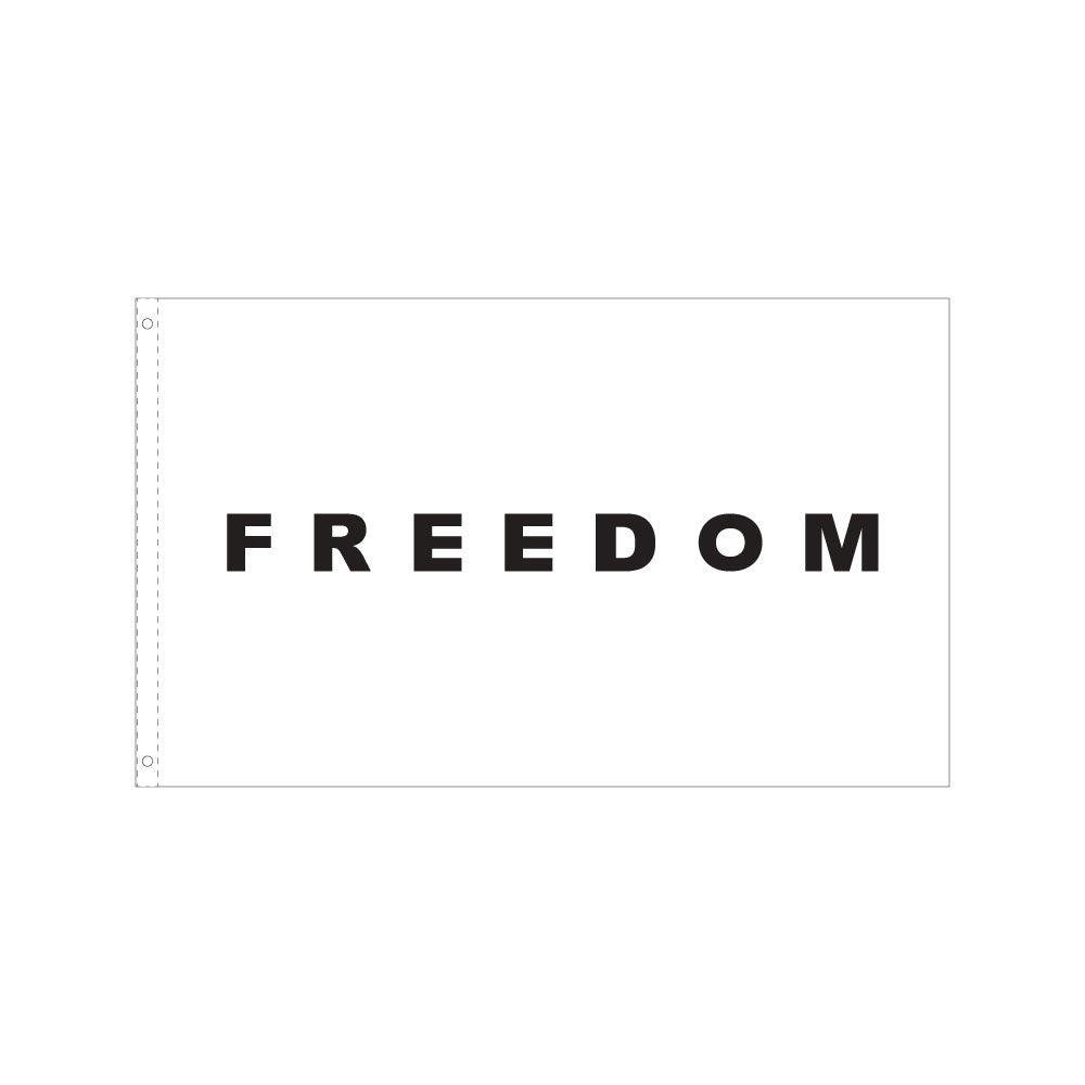 Black text 'FREEDOM' on a white background flag