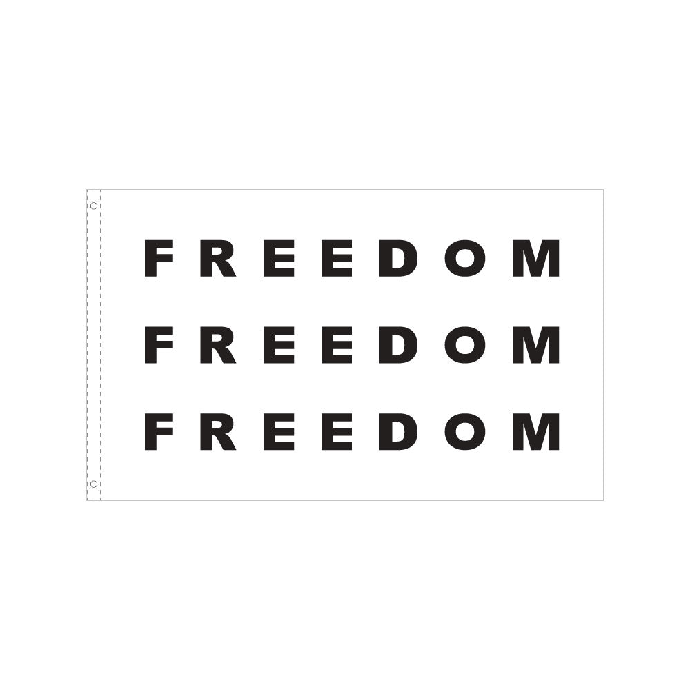 Text 'FREEDOM' repeated three times on a white background flag