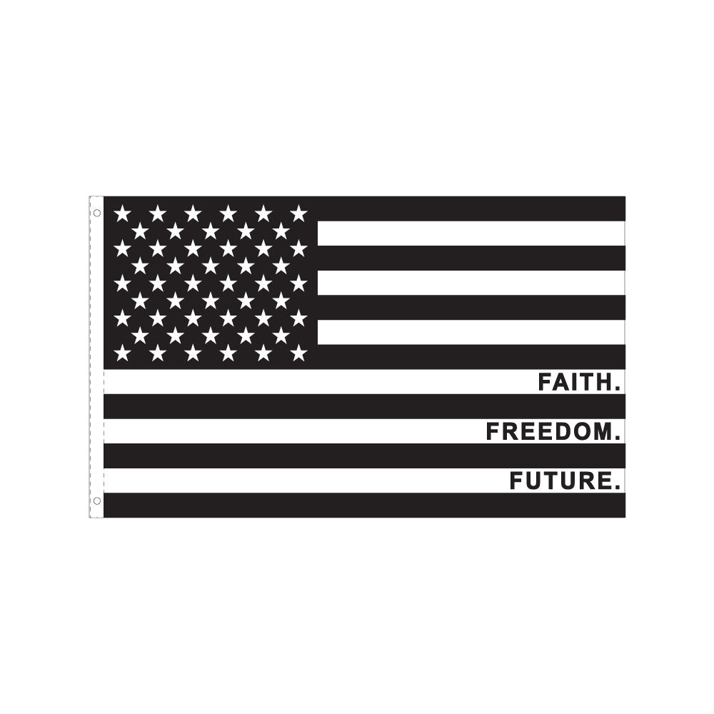 American flag with 'Faith. Freedom. Future.' text on a white background