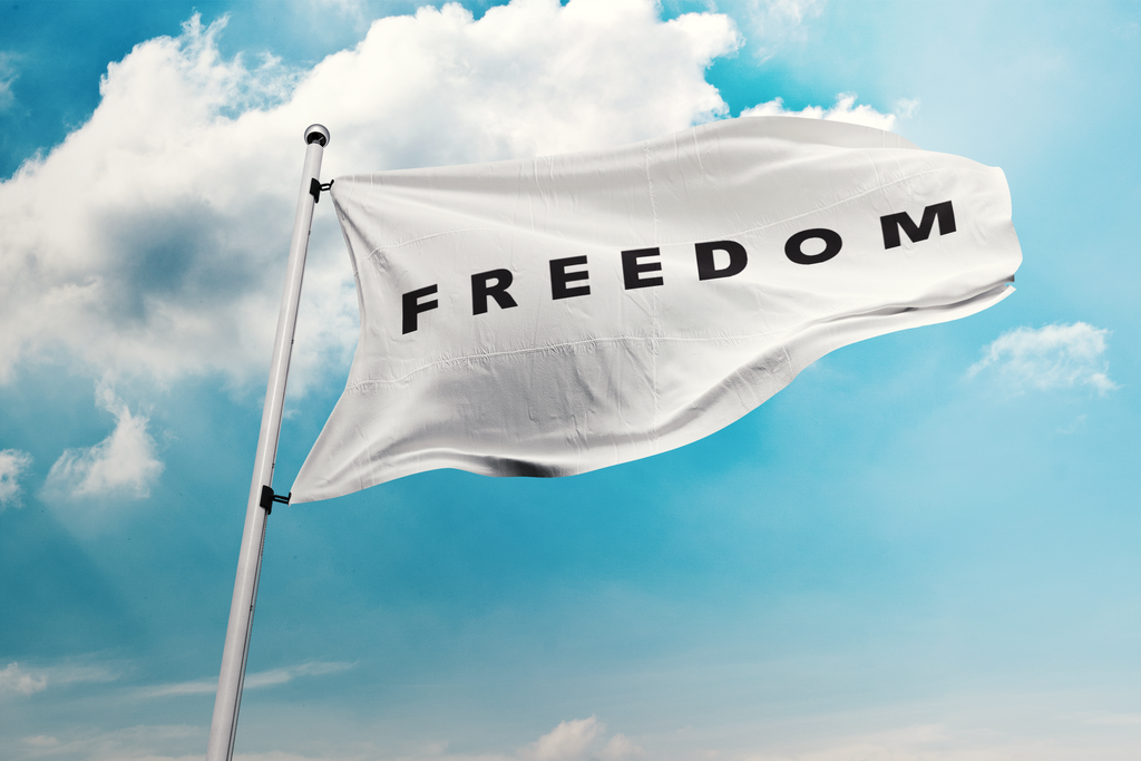 White flag with 'FREEDOM' text against a blue sky with clouds